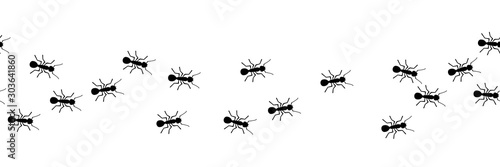 Worker ants marching. Vector ant seamless border. Working team concept. Small vector bug colony. Insects.