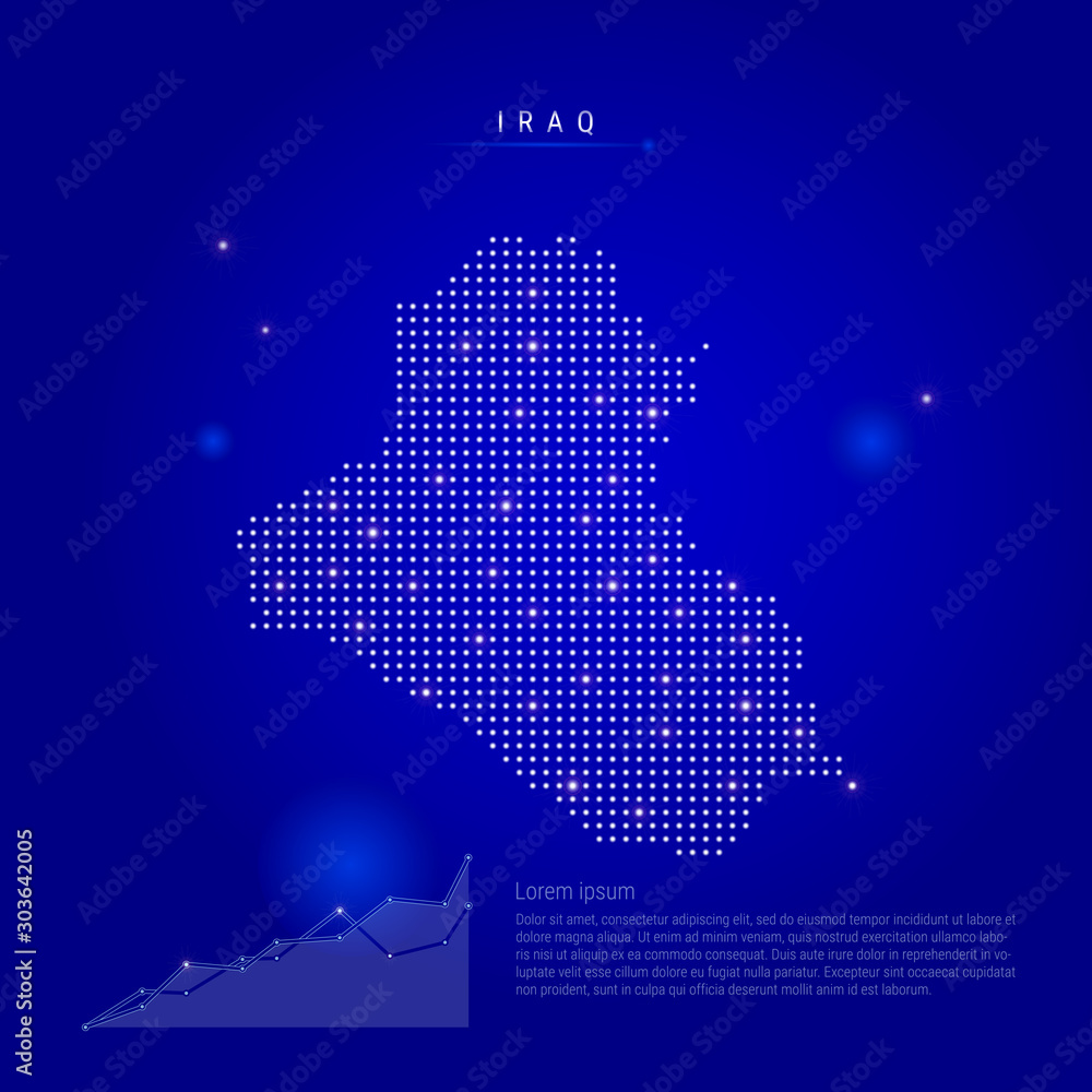 Iraq illuminated map with glowing dots. Dark blue space background. Vector illustration