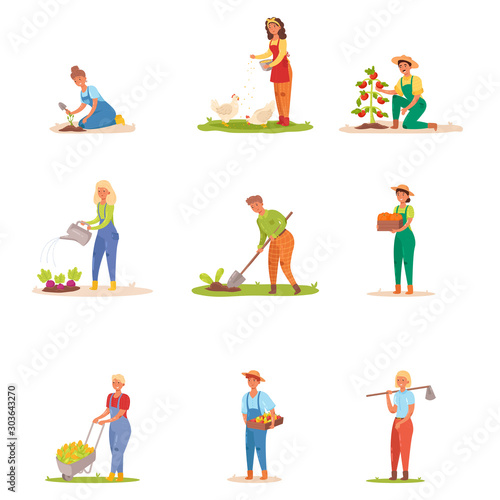 Set of gardeners working on the farm. Vector illustration in flat cartoon style.