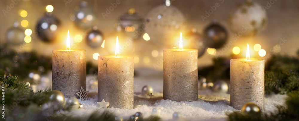Creative Advent decoration with four burning candles (part of a set) - obrazy, fototapety, plakaty 