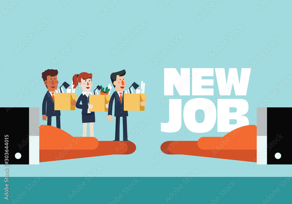 Welcome to the new job vector business concept. Boss offering a new job to employee. Successful smiling young business person holding a box with his things. Start and time for a new job illustration Welcome to the new job vector business concept. Boss offering a new job to employee. Successful smiling young business person holding a box with his things. Start and time for a new job illustration