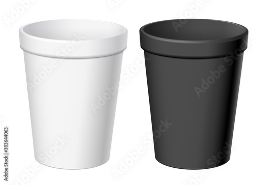 Realistic White and Black Disposable Cups. For various drinks, lemonade, fresh juice, coffee, tea or ice cream. Mock up for brand template. vector illustration.