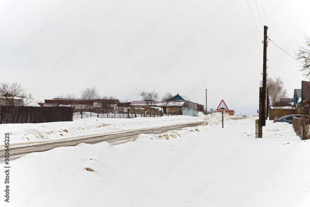 March 9, 2019: Snowy streets of a Russian village. The village of Atnashevo. Russia.