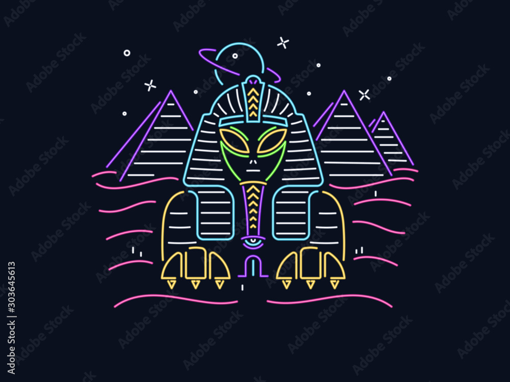 Alien Sphinx with pyramids vector design neon style