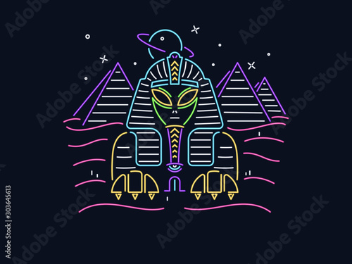 Alien Sphinx with pyramids vector design neon style