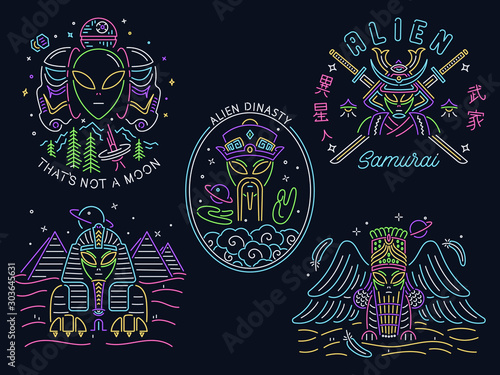 Alien set of neon style vector badges and designs for any use