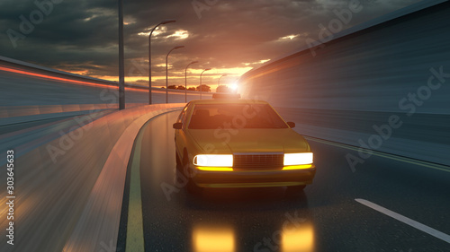 Yellow taxi rides on the road, highway. 3D illustration