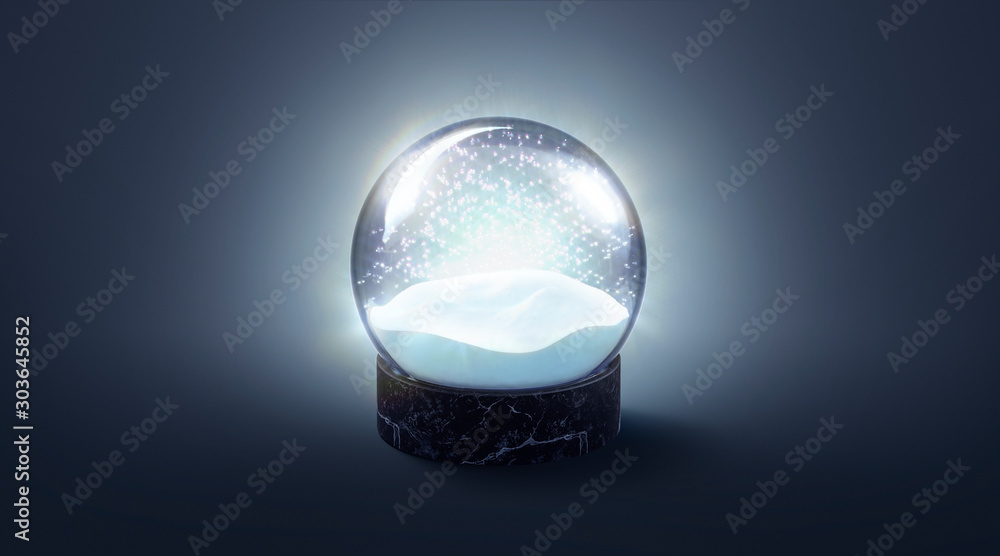 Blank crystal glowing snow globe mockup on blue background Stock