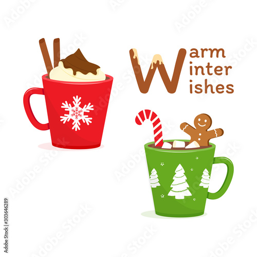 Warm winter wishes. Holiday greeting card for Christmas or New Year. Winter holiday cups with drinks. Vector illustration