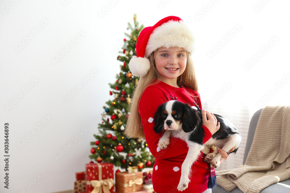 Φωτογραφία Little girl with Cavalier King Charles Spaniel sitting in front of Christmas tree, bunch of presents in festive wrapping