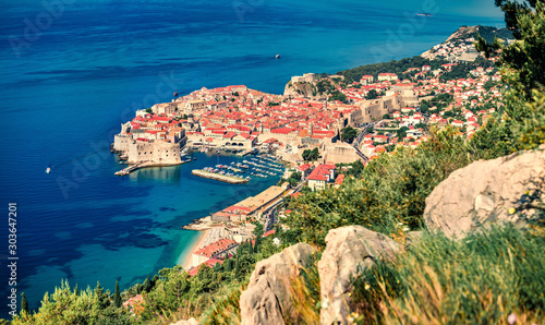 Aerial morning view of Dubrovnik city. Splendid summer scene of Croatia, Europe. Beautiful world of Mediterranean countries. Traveling concept background.
