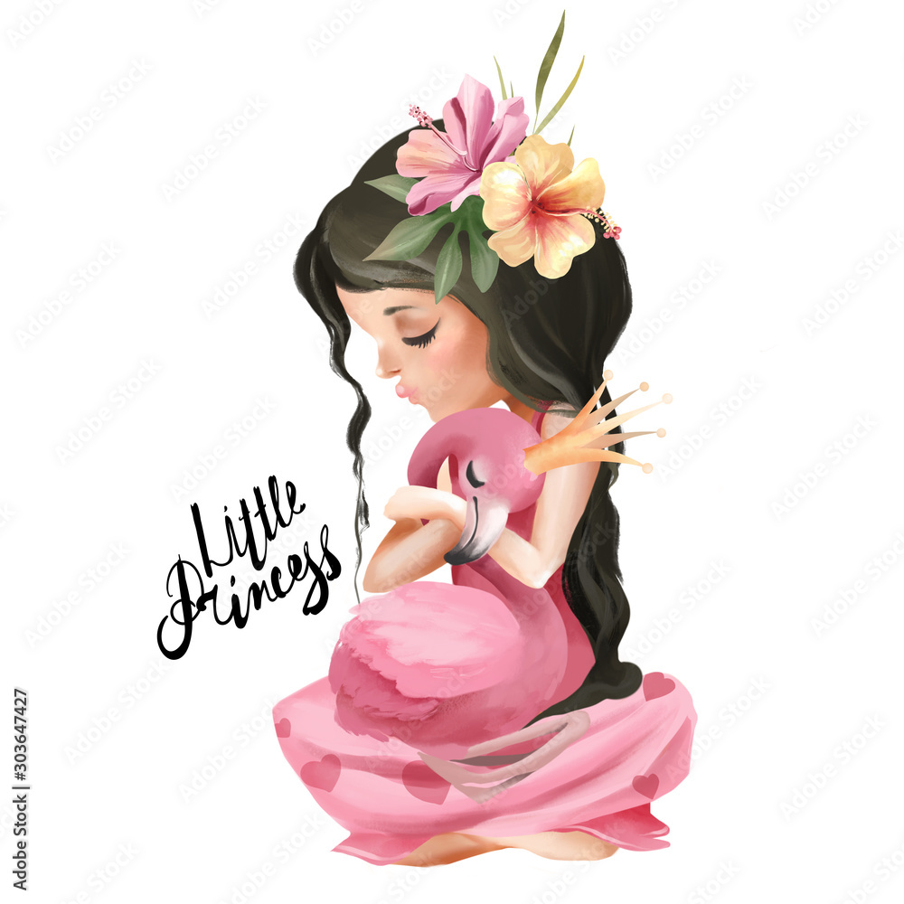 Φωτογραφία Cute girl in the pink dress with flamingo and flowers