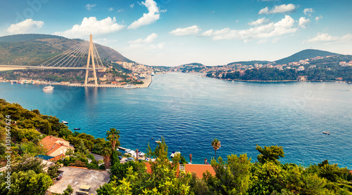 Wonderful cityscape of Dubrovnik town. Colorful summer view of Croatia, Europe. Picturesque morning seascape of Adriatic sea. Beautiful world of Mediterranean countries. Traveling concept background.