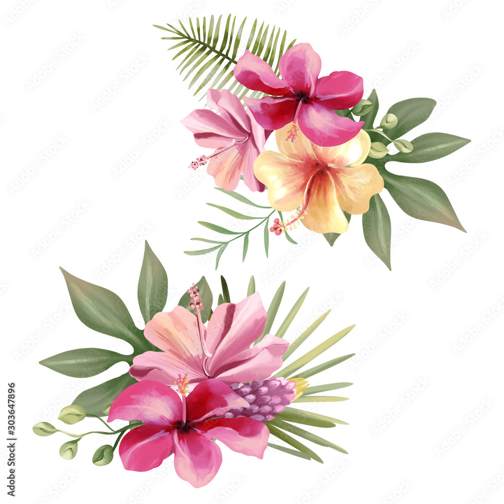 Beautiful tropical exotic flowers, floral bouquets, compositions, arrangement, wreaths watercolor illustration isolated on white