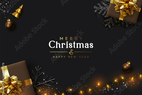 Christmas Background. Xmas design of sparkling lights garland, realistic brown gifts box, black snowflake and glitter silver confetti. New year poster, greeting cards, banner. Stylish dark composition