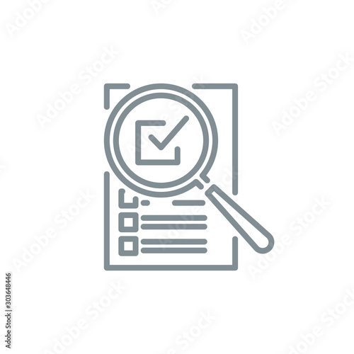 check box list page with magnifier glass outline flat icon. Single quality outline logo search symbol for web design mobile app. Thin line design logo sign Loupe lens icon isolated on white background