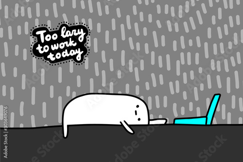 Too lazy to work today hand drawn vector illustration in cartoon comic style tired man can't reach laptop