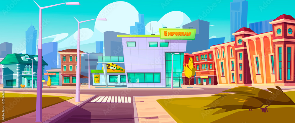 Urban street landscape with shopping mall and residential buildings in background, cartoon vector. Cityscape with crossroads, sidewalk, building facades, pet-shop, town poster