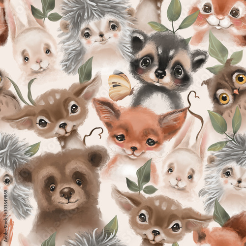 Beautiful floral seamless, tileable, watercolor pattern with woodland animals - deer, bunny, hedgehog, bear and fox