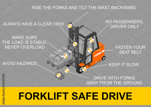 Forklift safe drive. Infographic with tips for safe forklift driving. Flat vector.