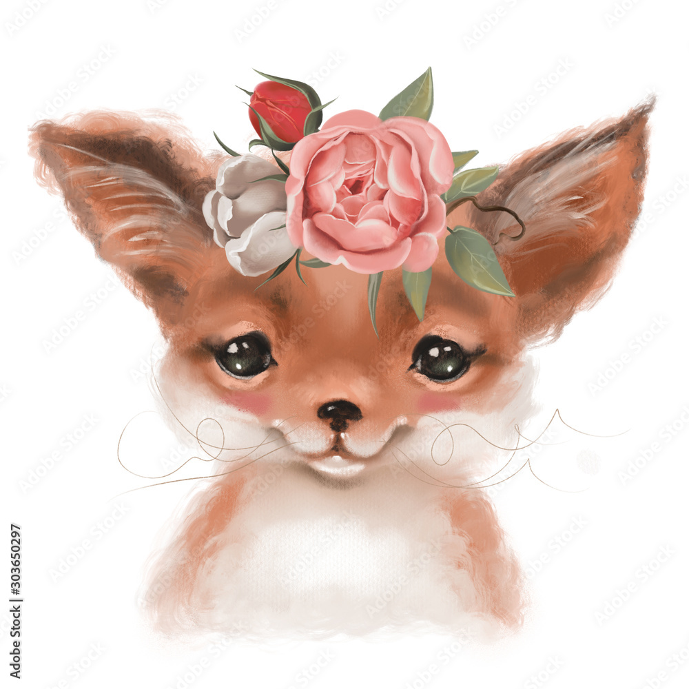 Fototapeta Cute hand drawn fox in floral wreath, flowers bouquet, woodland watercolor animal portrait