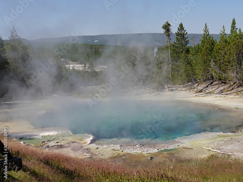 Close up of the Emerald Spring with hot steam at the Norris Geyser Basin at Yellowstone National Park, Wyoming.