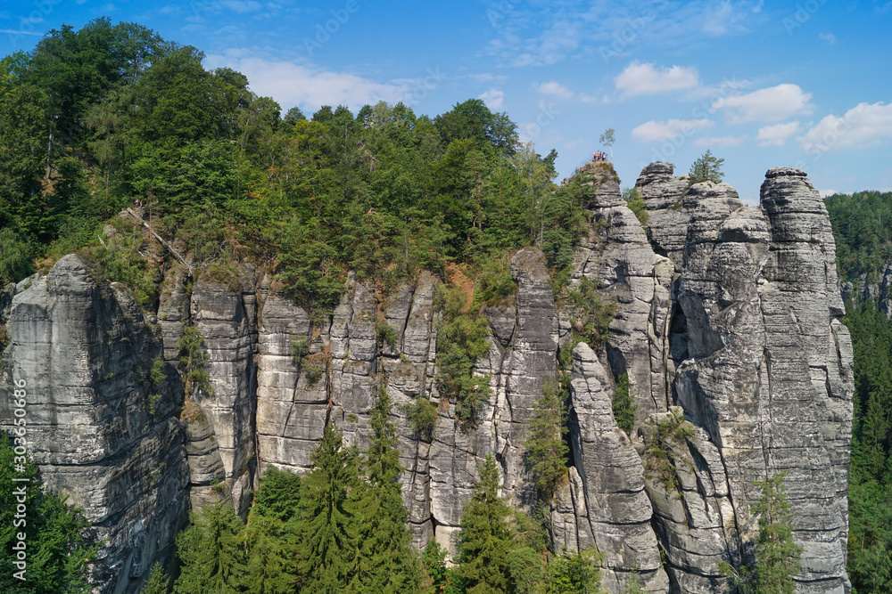 the rock formation of the Bastei seen from the Felsenburg Neurathen in the Saxon Switzerland