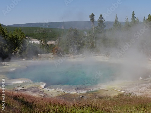 Boiling steaming Emerald Spring at the Norris Geyser Basin at Yellowstone National Park, Wyoming.