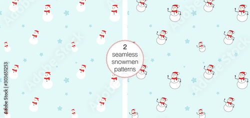 Fototapeta Naklejka Na Ścianę i Meble -  Snowmen with snowflakes seamless pattern. Winter and Christmas rapport for wallpaper, fabric, textile, wrap, surface, web and print design. Kids motif.	