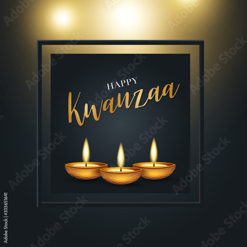 Happy Kwanzaa background design. Traditional holiday concept. Black backdrop, and golden lettering and frame. Vector illustration.