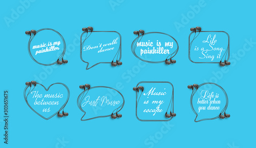 Innovative music quotation template speech bubble set in headphones quotes isolated on backdrop. Creative banner illustration set with quote frame wire with quotes headset modern design cloud remark