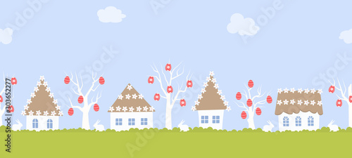 Easter village. Spring countryside landscape. Seamless border. There are Easter trees, houses with flower decorations, and rabbits in the picture. Vector flat illustration