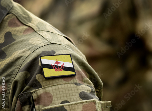 Flag of Brunei on military uniform. Army, armed forces, soldiers. Collage.