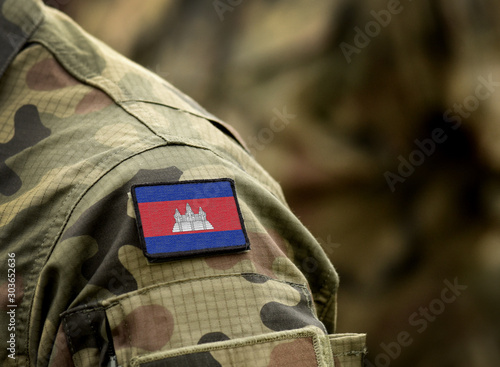 Flag of Cambodia on military uniform. Army, armed forces, soldiers. Collage.