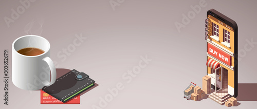 Modern flat banner design Shopping Online isometric on Website or Mobile Application Concept buy now ecommerce. isometry view online store in smartphone isolated. business card with shop isometric