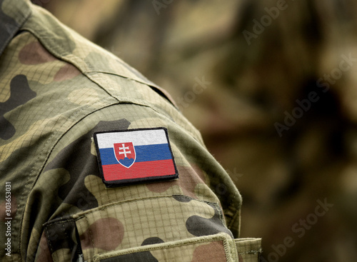 Flag of Slovakia on military uniform. Army, armed forces, soldiers. Collage.