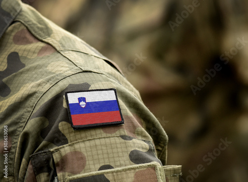 Flag of Slovenia on military uniform. Army, armed forces, soldiers. Collage.