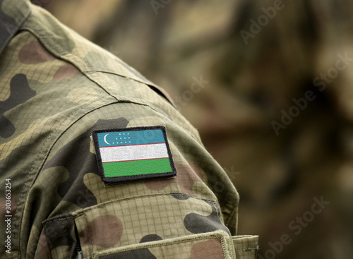 Flag of Uzbekistan on military uniform. Army, armed forces, soldiers. Collage.