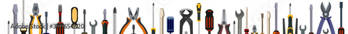 Tools. Set. The background is horizontal. Lower. Screwdrivers, hammers, wrenches, saws, pliers, rollers, brushes, files. Collection. Tools carpenter, locksmith, workshop, workbench, garage. Vector.