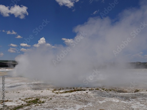 Close up of hot steam rising from the Clepsydra Geyser at the Lower Geyser Basin, Yellowstone National Park.