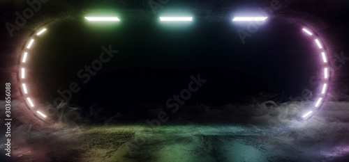 Fototapeta Naklejka Na Ścianę i Meble -  Dark Neon Glowing Rainbow Laser Led Smoke Fog Steam Mist Oval Tunnel Corridor Garage Hallway Underground Cyber Virtual Empty Sci Fi Futuristic 3D Rendering