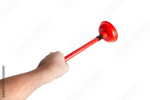 Hand and rubber plunger with red handle, isolated on white background. Tool for cleaning drain clogs