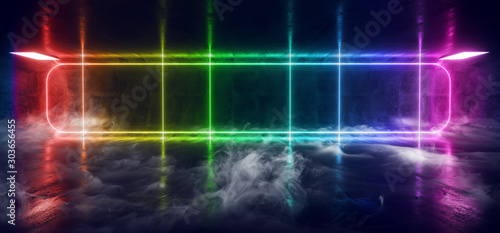 Smoke Fog Steam Msit Night Club Retro Neon Laser Rainbow Glowing Vibrant Club Garage Stage Dark Empty Beams On Concrete Floor Grunge 3D Rendering
