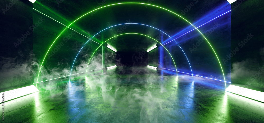 Smoke Fig Mist Night Club Show Stage Oval Neon Tubes Glowing Blue Green On Reflective Concrete Grunge Room Garage Gallery Underground 3D Rendering
