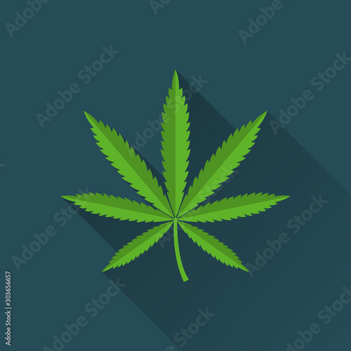 Cannabis. Marijuana leaf drug flat design icon with a long shadow. EPS10 vector
