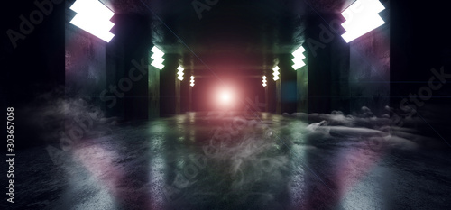 Smoke Fog Mist Big Hall Underground Tunnel Neon City Retro Modern Virtual Reality Sci Fi Futuristic Blade Runner Purple Green Flare Concrete Grunge Empty Background 3D Rendering