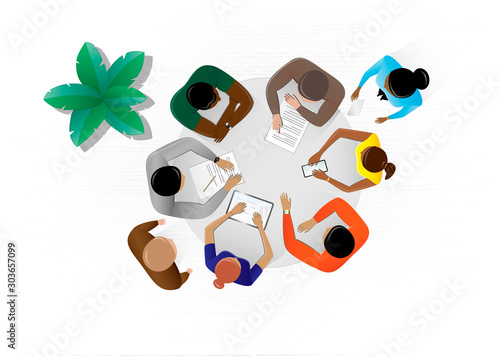 top view people sitting at the table in the office and discussing a business plan, plant, horizontal vector illustration on a white background