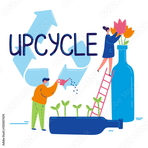Glass upcycle concept.Man and woman look after plants.Secondary use of glass bottles as a vase and a pot.Flowers in a bottle.Germination of plants in a bottle.Upcycling sign.Vector flat illustration