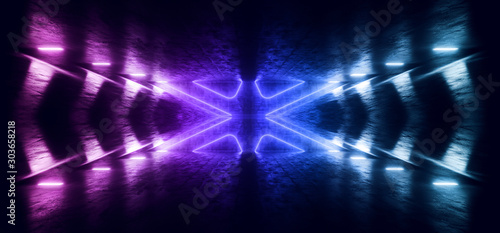Dark Night Stage Club Alien Neon Futuristic Sci Fi Purple Blue Glowing Laser Beams Cement Concrete Grunge Reflections Empty Space Cyber Virtual Background 3D Rendering