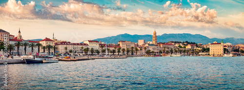 Amazing evening panorama of Split city with Diocletian palace. Picturesque summer seascape of Adriatic sea, Croatia, Europe. Beautiful world of Mediterranean countries. Traveling concept background. photo